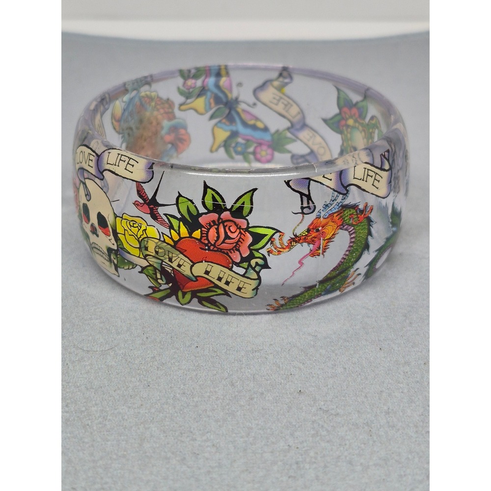 Ed Hardy Style Tattoo Bangle Bracelet Clear Acrylic Dragon Skull Love Life Art